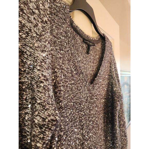 White House Black Market silver and black sequin sparkle tunic v Neck sweater - Picture 4 of 7